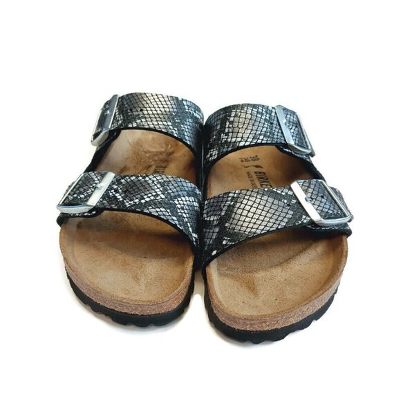 Birkenstock Arizona Sandals Mens 5 - 5.5 Womens 7 - 7.5 Black Python Narrow Cork - Picture 6 of 9